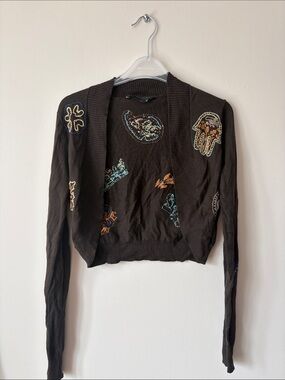 BCBGMaxAzria Black Cropped Embroidered Tank Top with Teal & Rust Accents